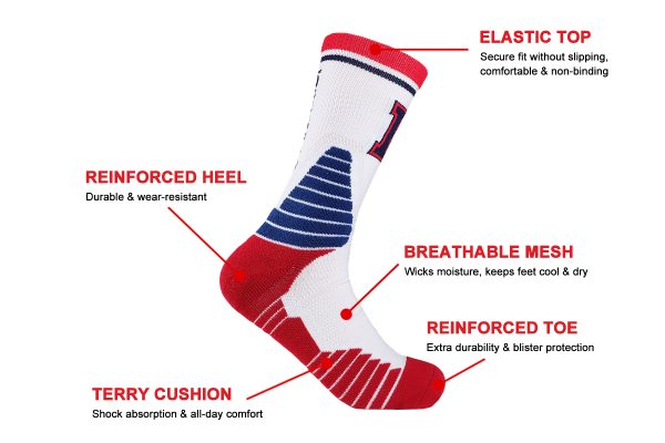 custom basketball socks with team logos and player numbers details
