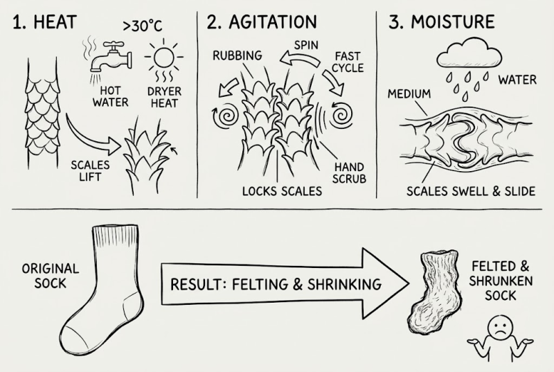 Illustration showing how wool socks shrink