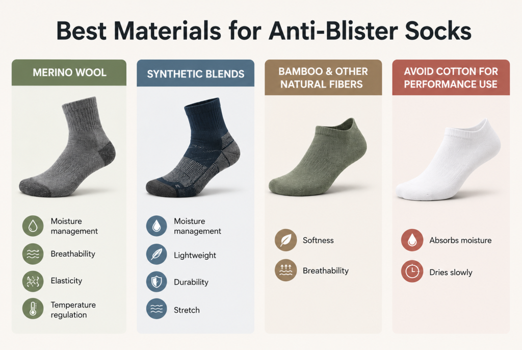 Common fibers used in anti-blister socks