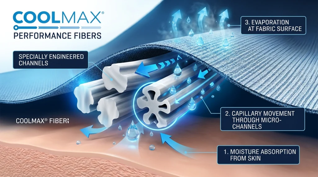 Coolmax performance fiber structure and moisture management diagram