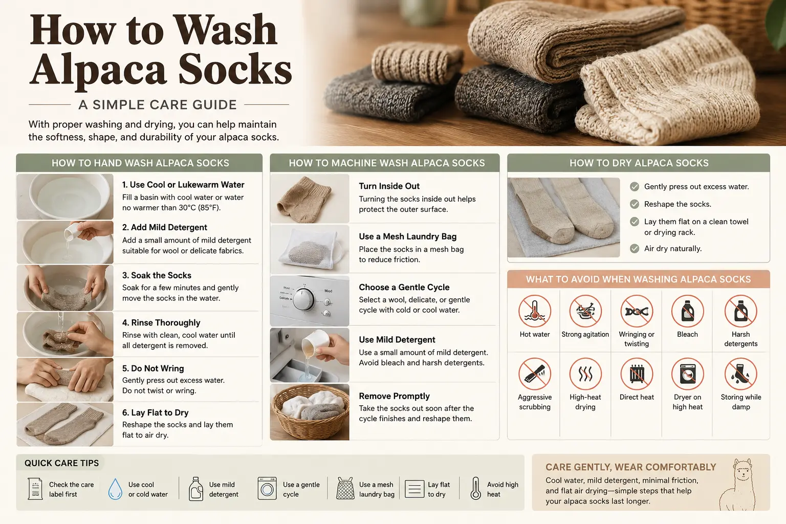 How to wash alpaca socks with hand washing, machine washing, and drying care tips