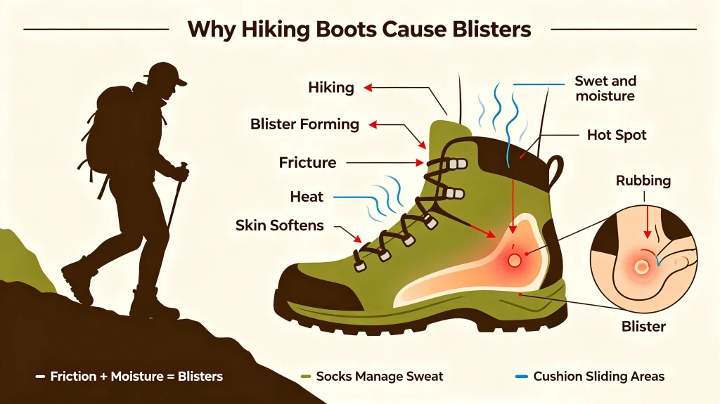 Illustration of blister formation while hiking in tall boots
